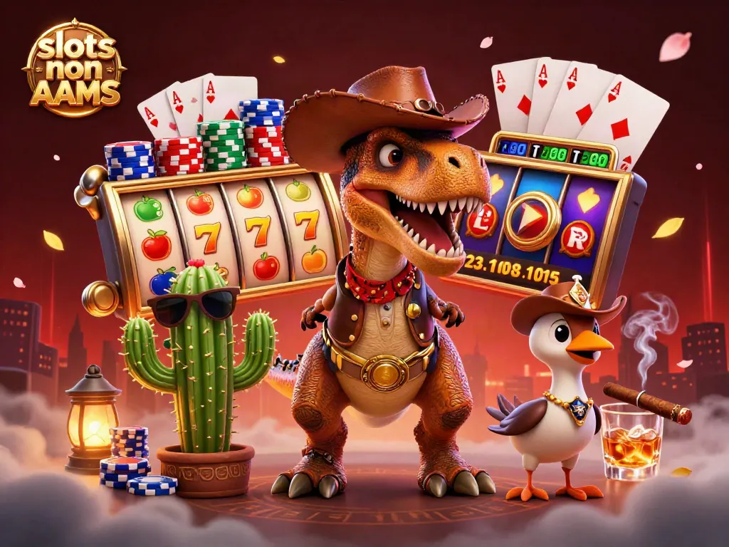 Gioca a slot non AAMS con un T-Rex cowboy in questo vivace e divertente scenario di casinò.