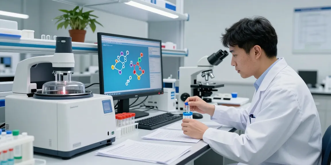 Research peptide supplier analyzing vials in a modern lab environment with high-tech equipment.