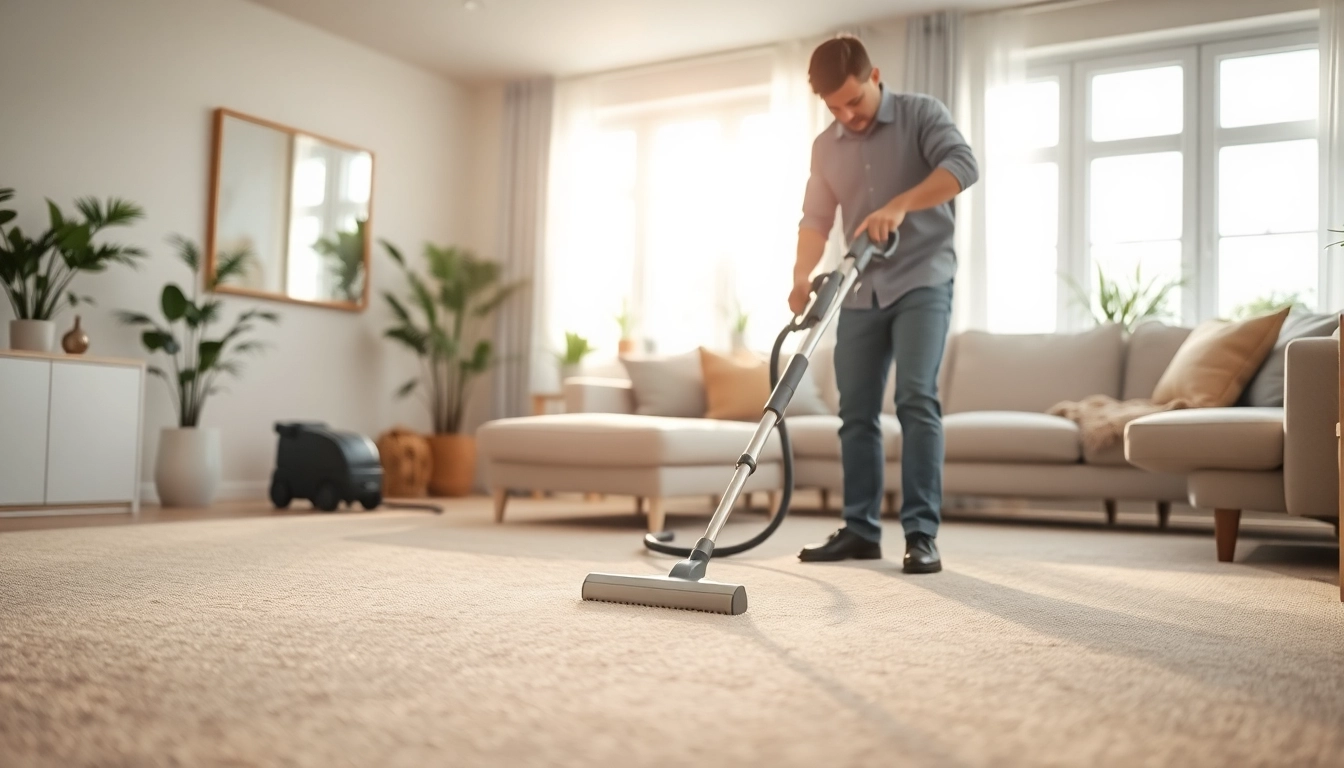Professional technician performing carpet cleaning near me in a bright living room setting.