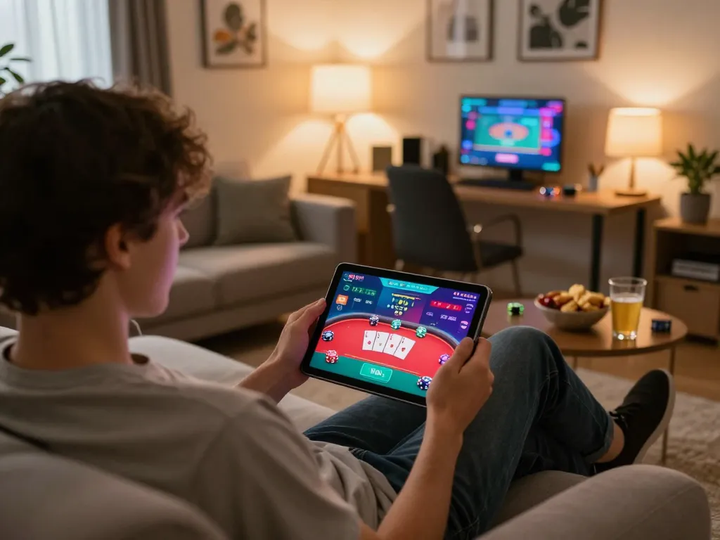 Engaging poker gameplay on tablet at home, reflecting tg88-link fun and strategy in a cozy setting