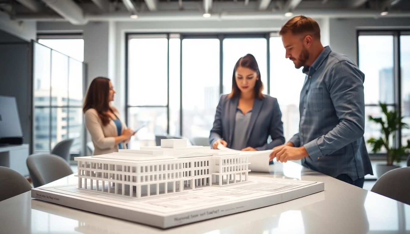 Architectural services collaboration in a modern office environment with design plans and blueprints.