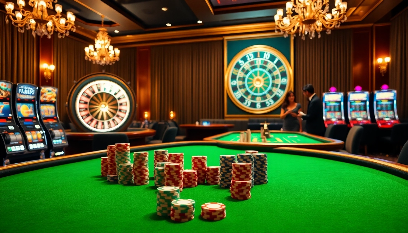 Engage with the excitement of casino gambling at s8 poker tables featuring vibrant chips and roulette wheels.