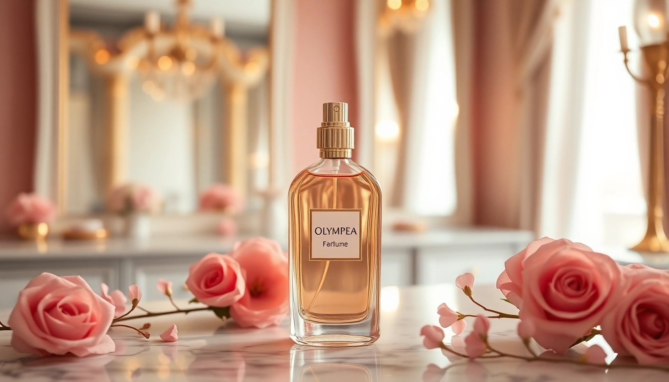 Showcase Olympea perfume bottle amidst pink roses, capturing elegance and femininity.