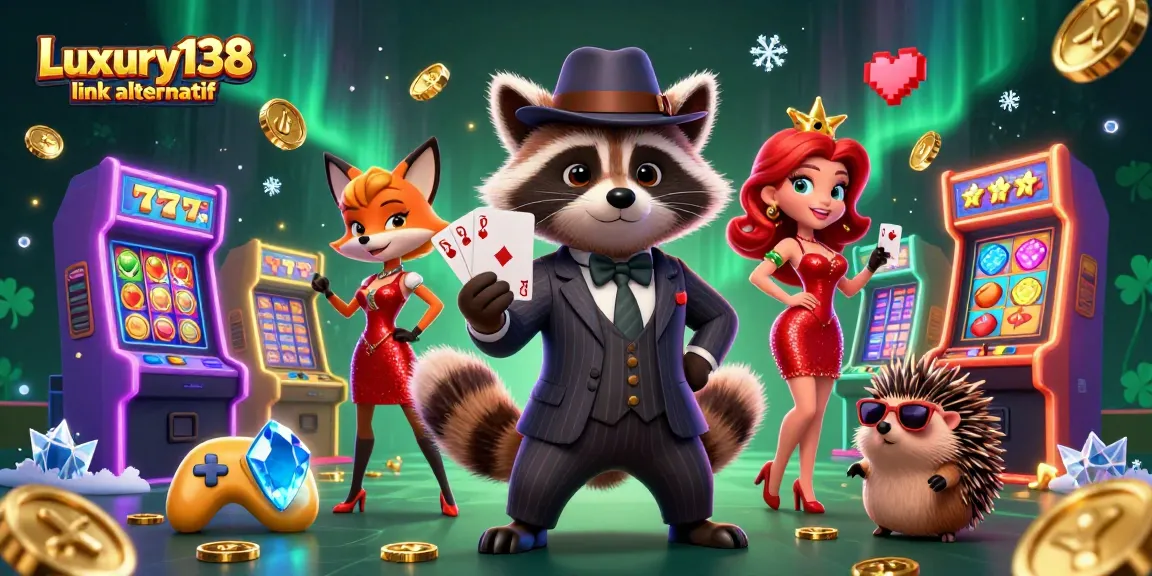 Engage with Luxury138 link alternatif in a vibrant casino scene featuring a raccoon, fox, and hedgehog with slot reels.
