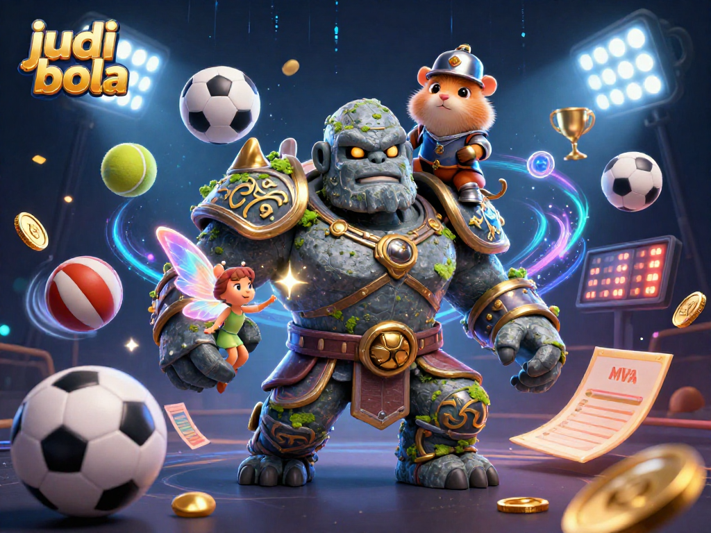 Experience judi bola excitement as dynamic characters ride the golem amidst flying sports elements.
