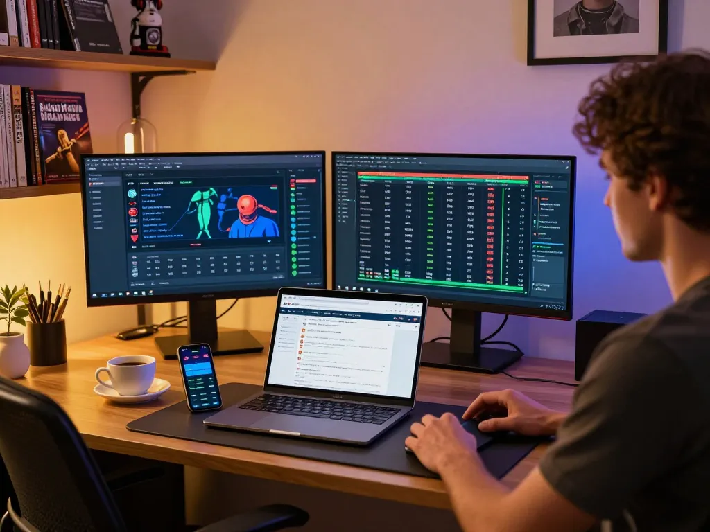 Engaging with kèo nhà cái through a sophisticated sports betting setup at home.