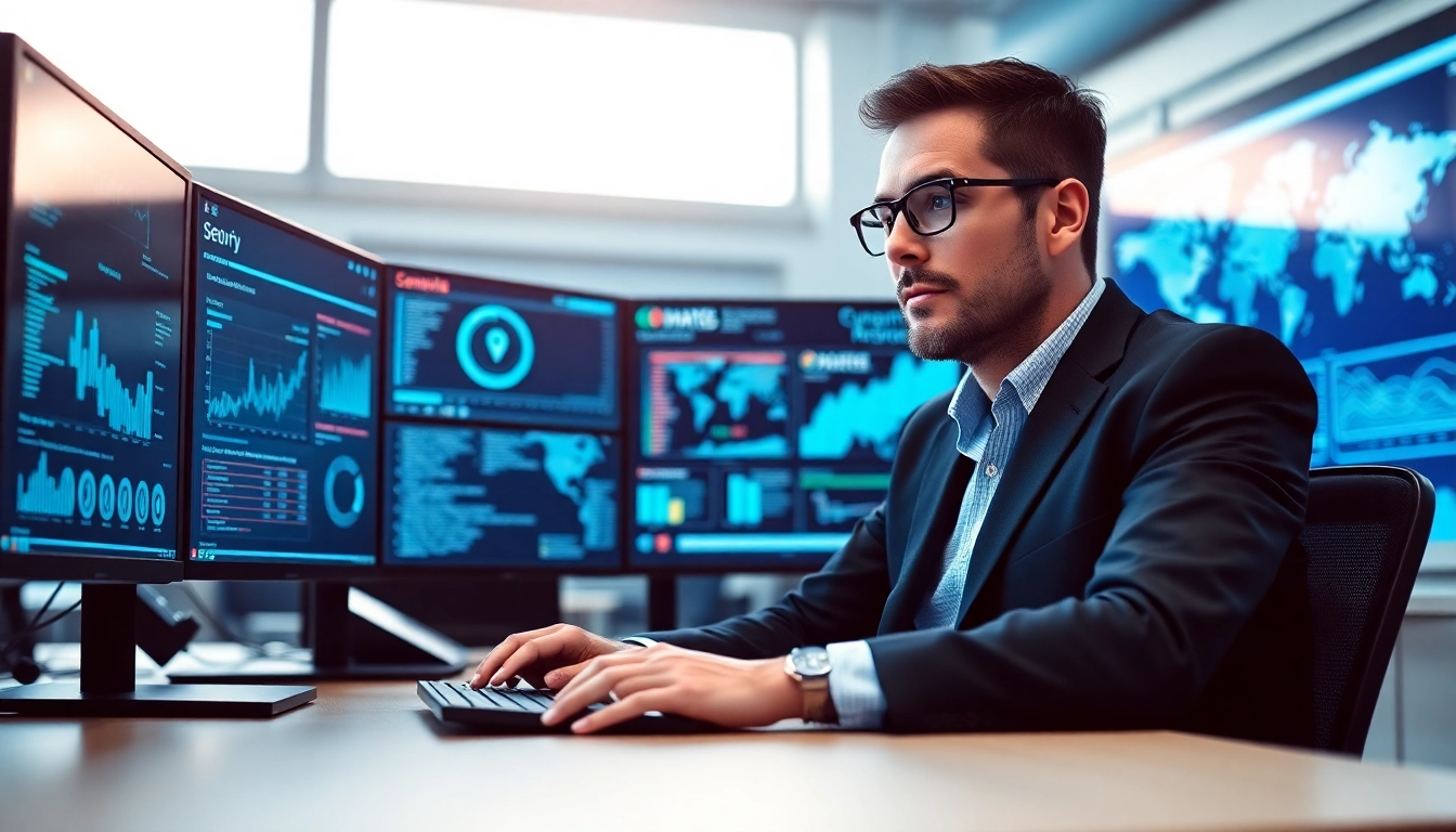 Cyberdan IT specialist monitors cybersecurity analytics in a high-tech office.