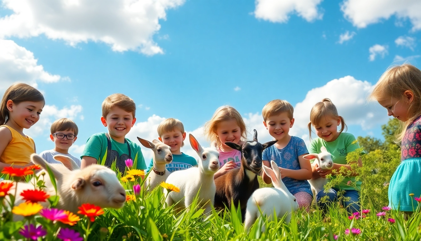 Kids happily engaging with animals at an animal camp in Illinois, showcasing hands-on learning experiences.