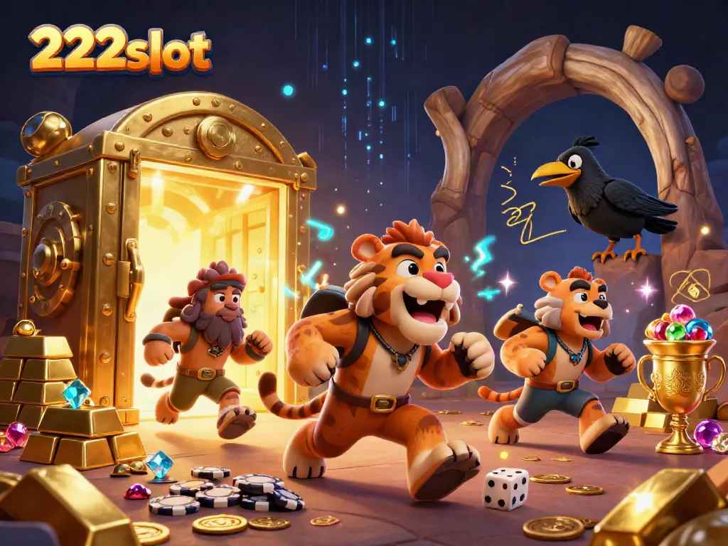 Permainan menarik di 222slot dengan karakter lucu dan elemen kasino berkilau.