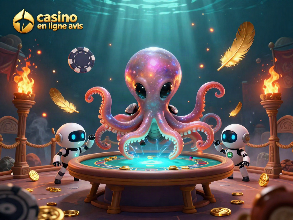 Jouer dans un casino en ligne avis avec un octopus et un robot dans une ambiance colorée.