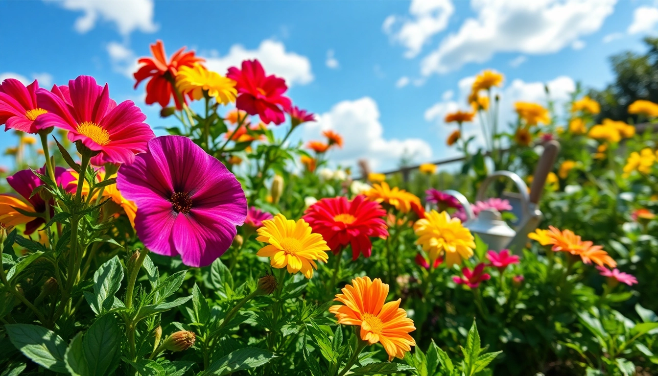 Gardening scene with vibrant flowers and gardening tools nestled amongst greenery.