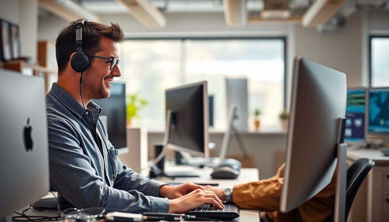 Offering Computer help near me with a professional technician at a modern workstation.