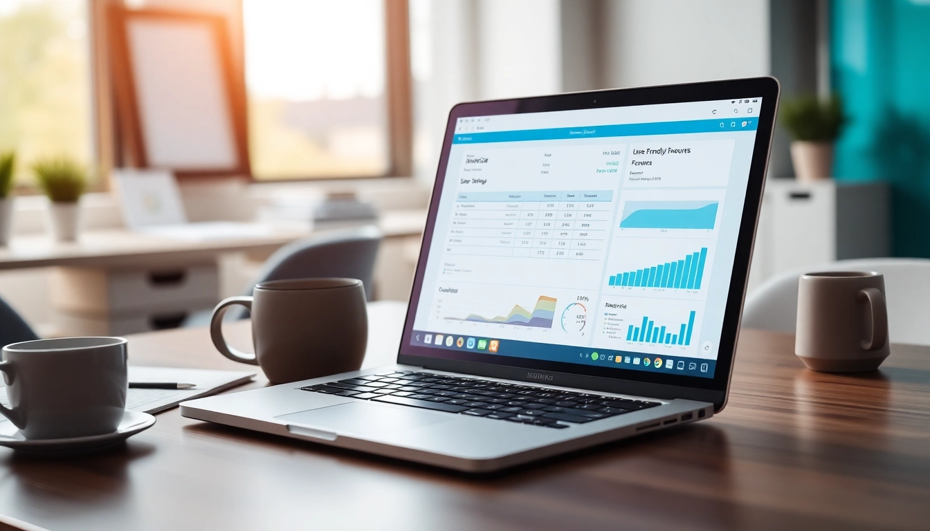 Showcasing invoice processing software on a laptop in a modern workspace.