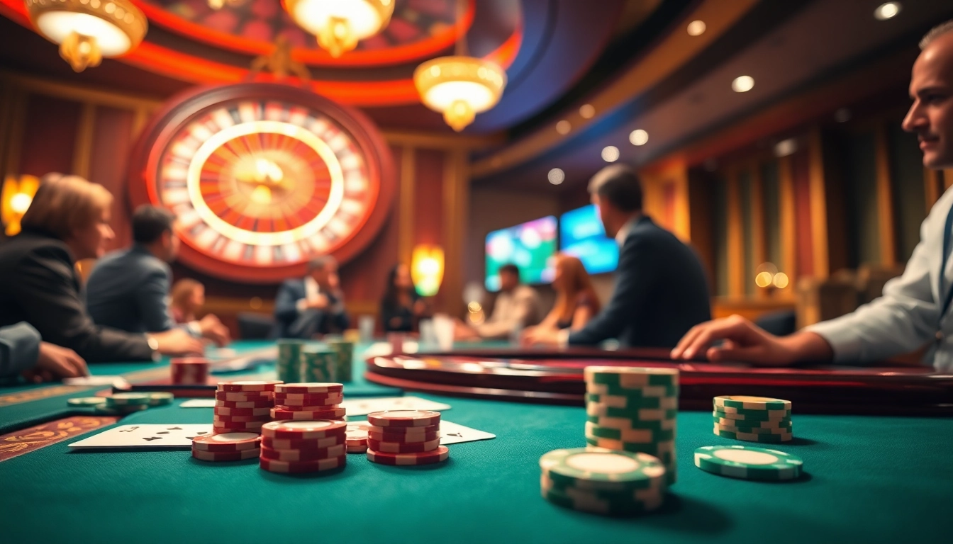 Engage with thrilling Online casino Uk gameplay featuring vibrant poker chips and spinning roulette.