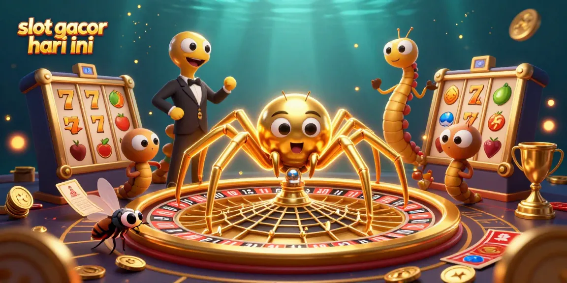 Bet on slot gacor hari ini with a cartoon spider and centipede in a dynamic casino scene.