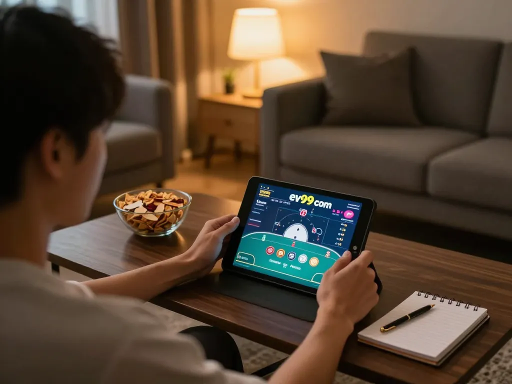 Engaging in poker on a tablet in a cozy home setting with ev99 com app