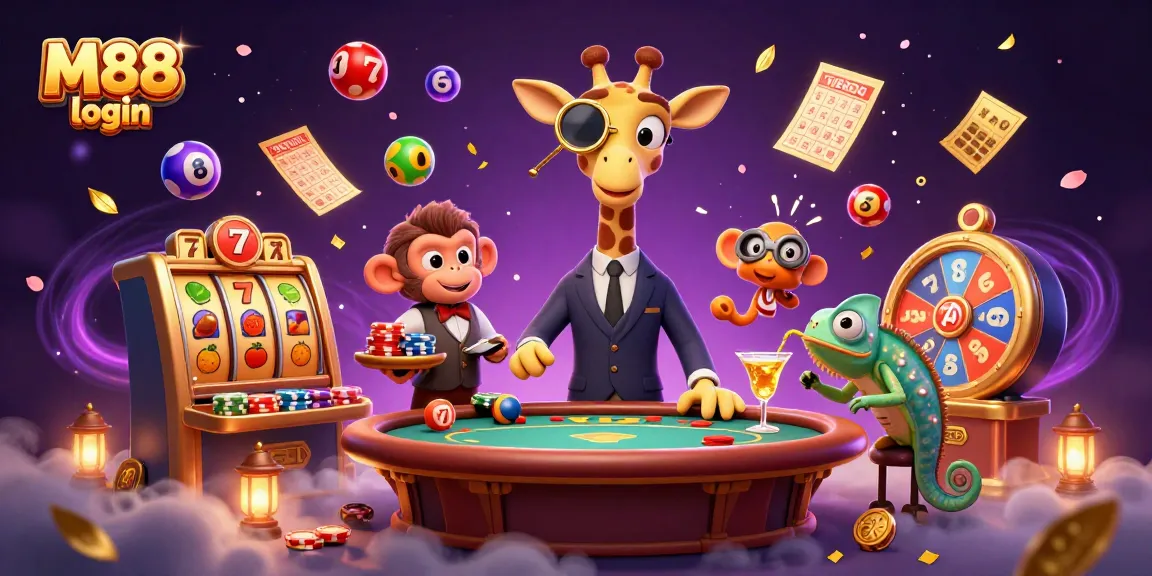 M88 login offers top-tier casino action as a giraffe and monkey valet engage in a vibrant gaming scene.