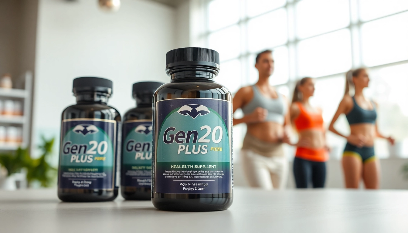 Promote https://www.genf20plus.info with a vibrant display of health supplements emphasizing well-being.