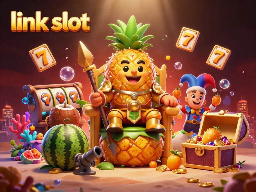 Bermain slot gacor di platform link slot dengan ilustrasi 3D raja nanas dan elemen kasino yang menarik.