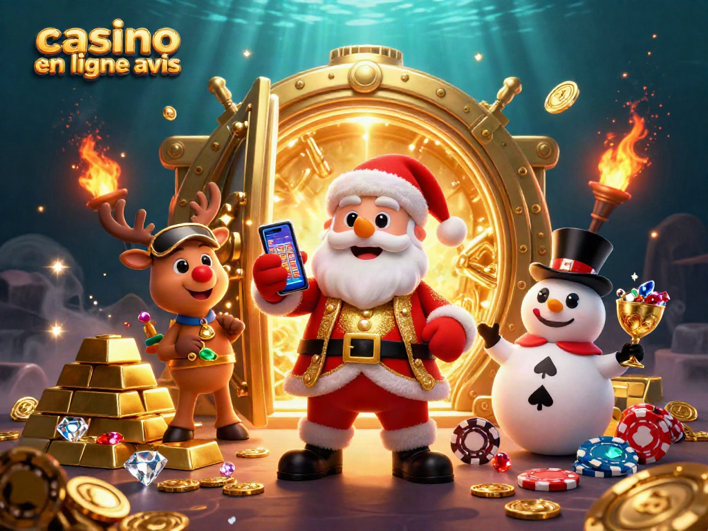 Avis sur les casinos en ligne avec un Santa représenté, des trésors précieux et des éléments de jeu.