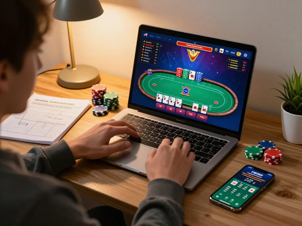 Engaging in a thrilling poker game on 388bet using a laptop, showcasing strategy at home