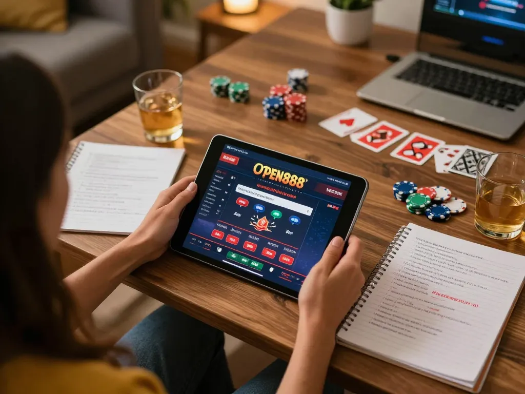 Engaging with open888 casino on a tablet at home, surrounded by poker chips and strategy notes.