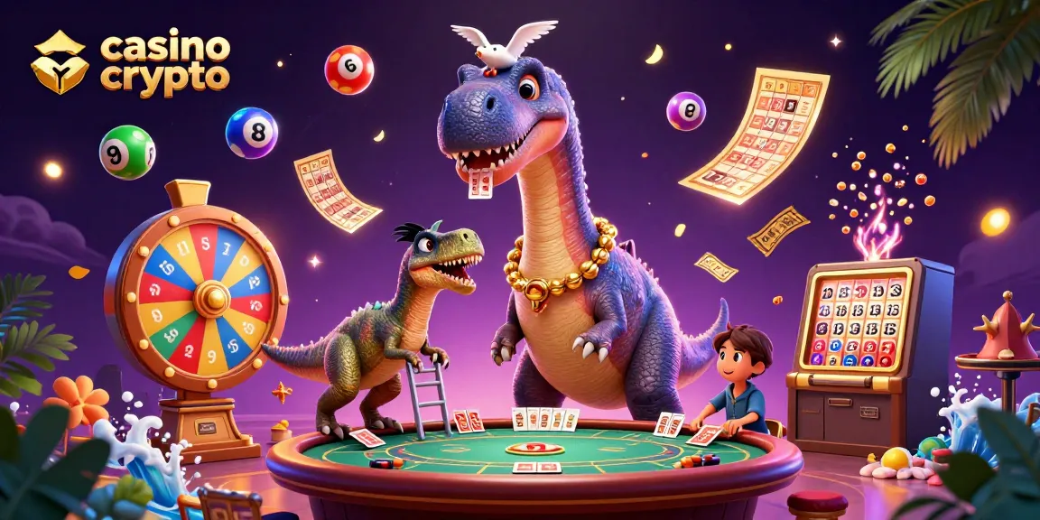 Illustration d'une scène animée de casino crypto avec un brontosaure et un raptor, distribuant des cartes.