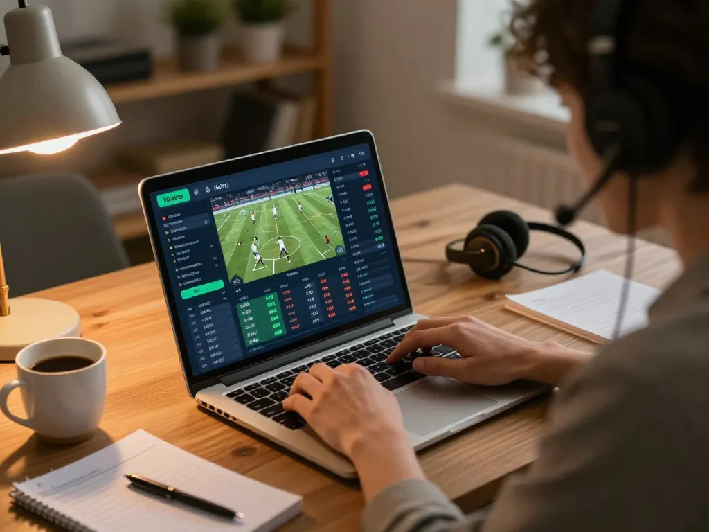 Engaging in live sports betting at home, tracking odds on Trang chủ MAY88 with a laptop and notes.