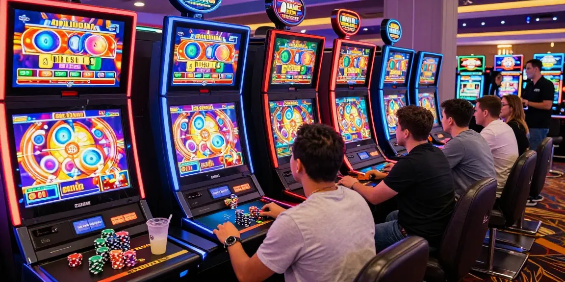 Players enjoying slot machines at a lively casino, filled with excitement and vibrant colors.