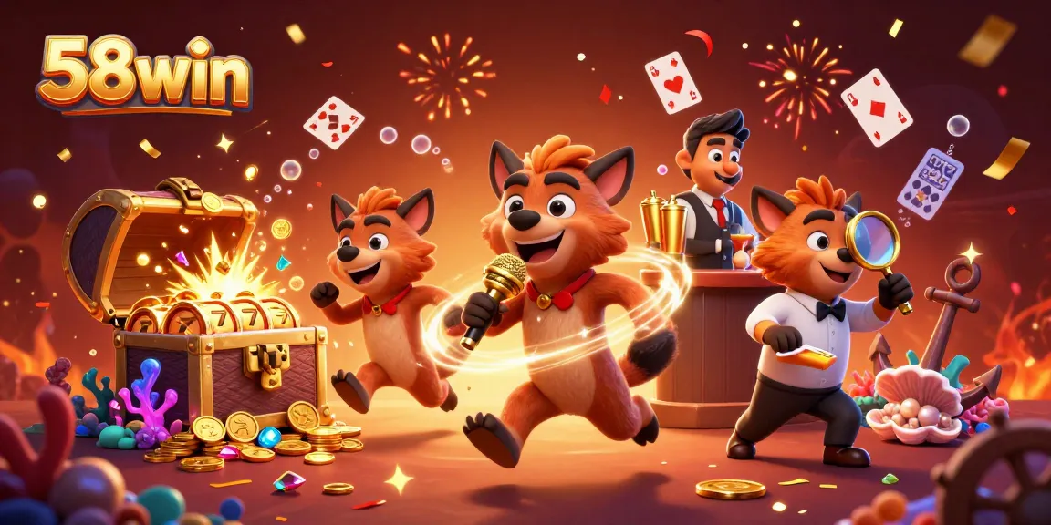 Members of the 58win comedy casino delighting in slot action amid a treasure explosion.