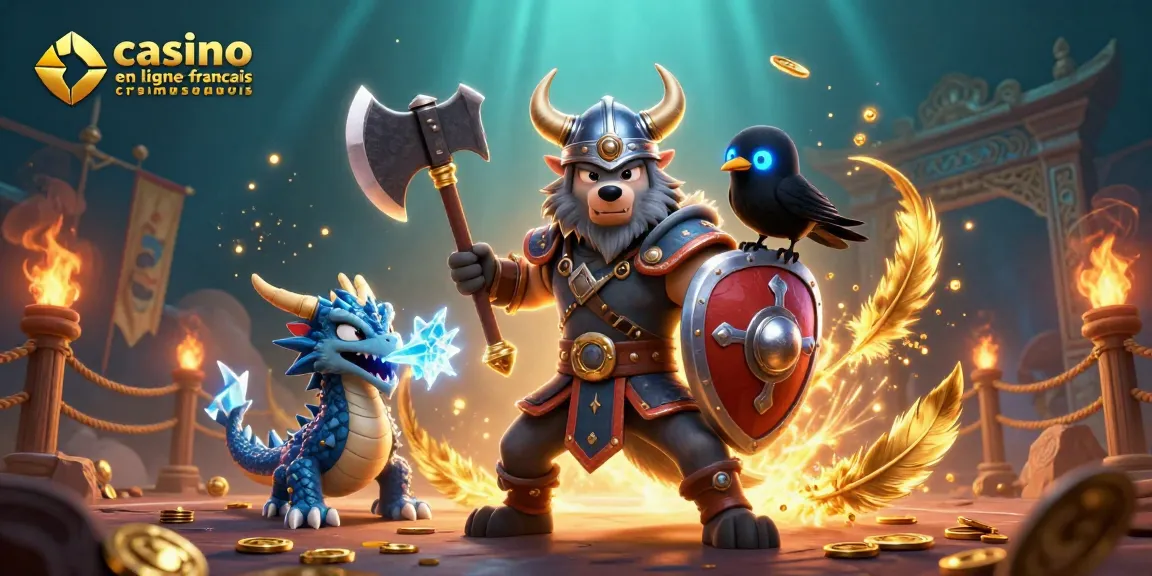 Jouez au casino en ligne français avec une ambiance dynamique d'un guerrier viking et un dragon.