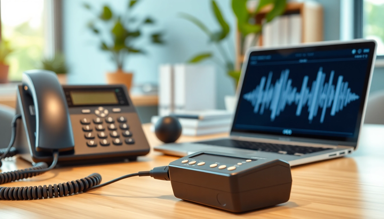 Engaging scene of call recording equipment showcasing a modern telephone and audio device in an office.