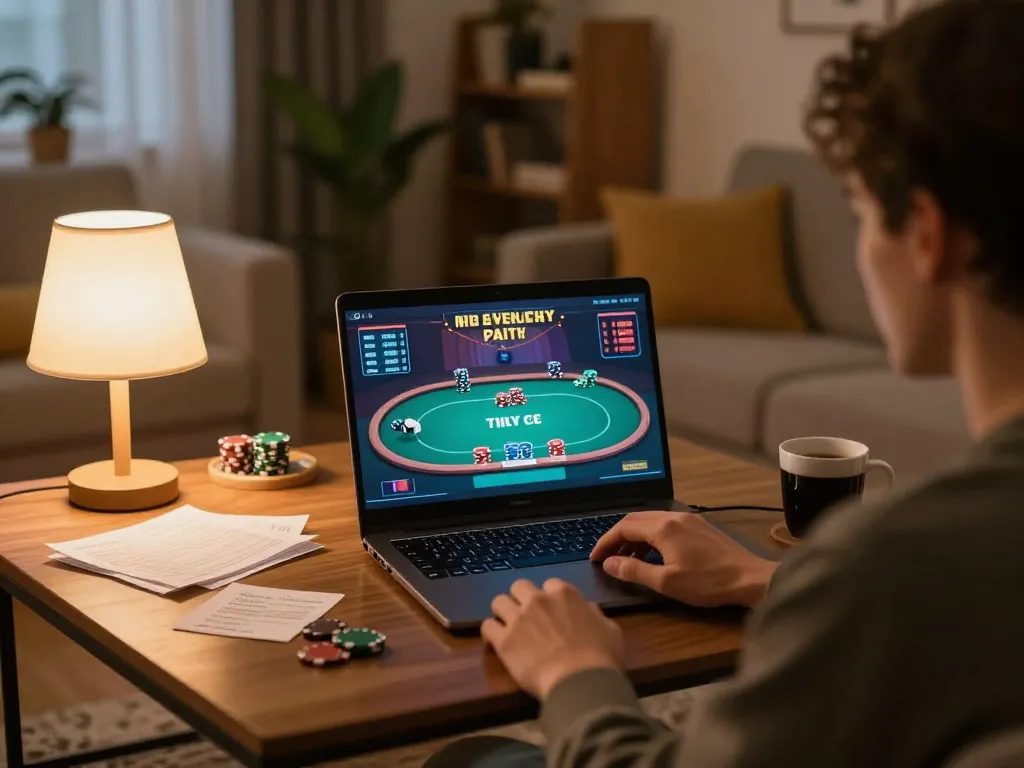 Engaging gameplay experience at Trang chủ DABET with online poker setup and cozy home lighting