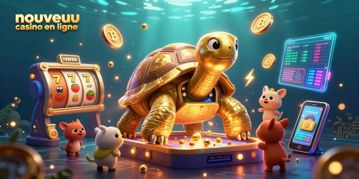 Jouer au nouveau casino en ligne avec une tortue cartoonesque et des pièces de cryptomonnaie éclatantes.