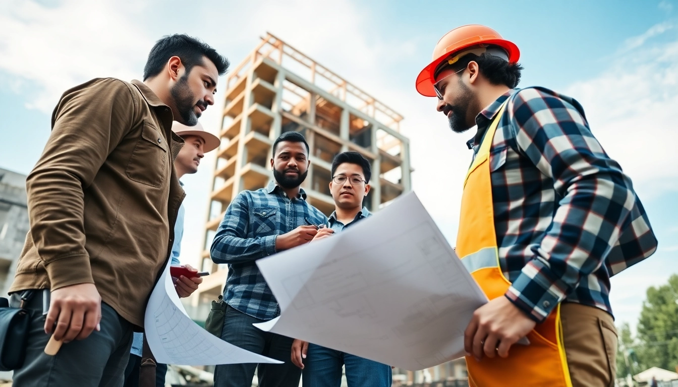 Construction association North Carolina professionals analyzing blueprints on a building site.