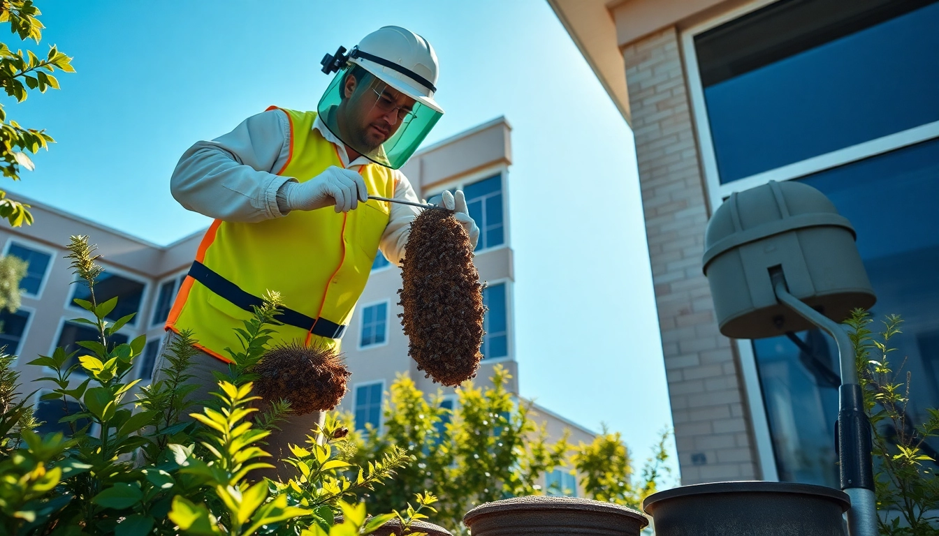 Efficient commercial bee removal by a professional removing a hive from business premises.