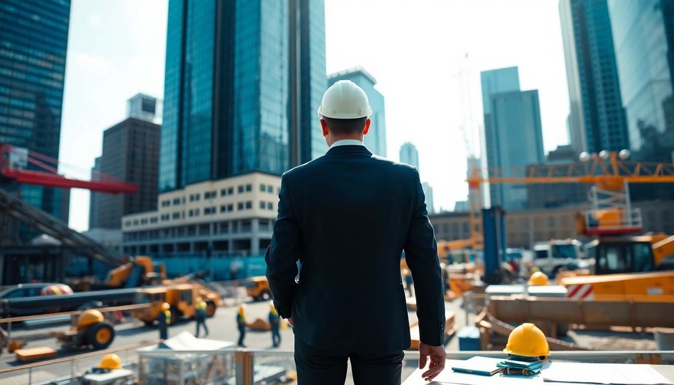 New York City Construction Manager directing a vibrant construction site with skyscrapers in the background.