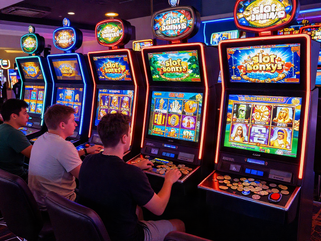 Exciting casino gaming scene illustrating people engaging with slot machines and thrilling slot bonus features.