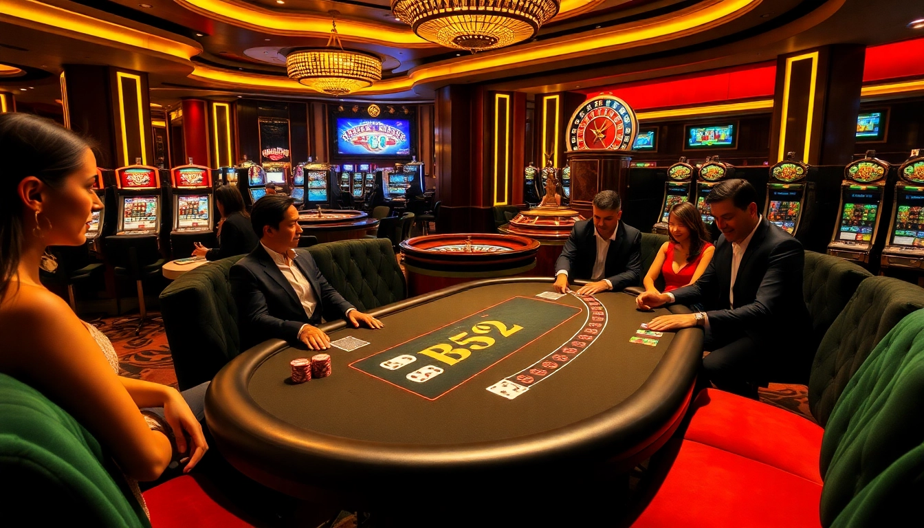 Players enjoying a B52 themed poker game at a luxurious casino table with vibrant colors.