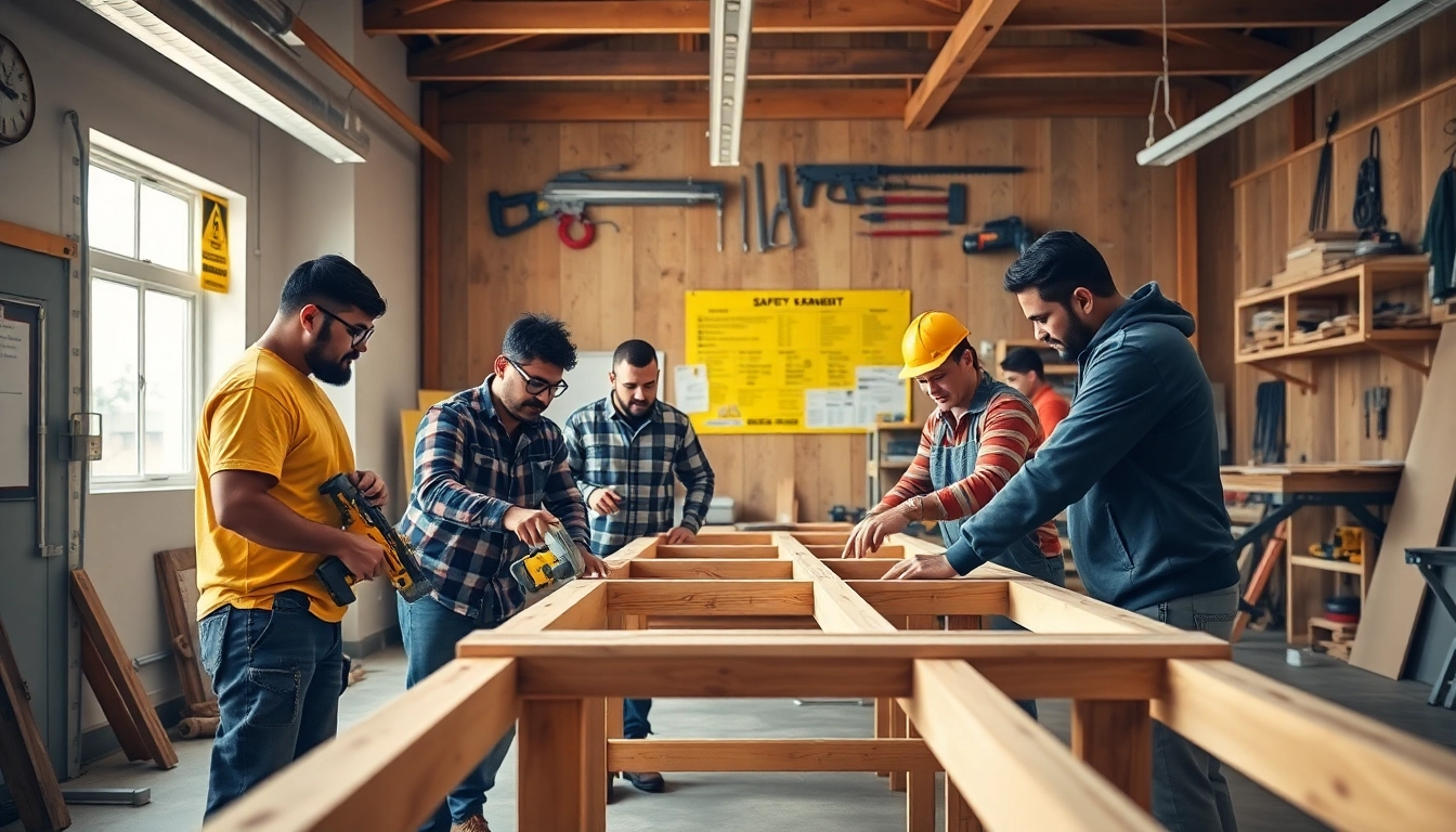 Individuals participating in construction craft training, collaborating on projects in a workshop.