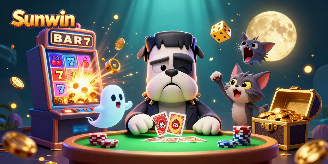 Sunwin captivates with an engaging 3D scene featuring a charming Frankenstein bulldog dealing cards amidst lively casino elements.