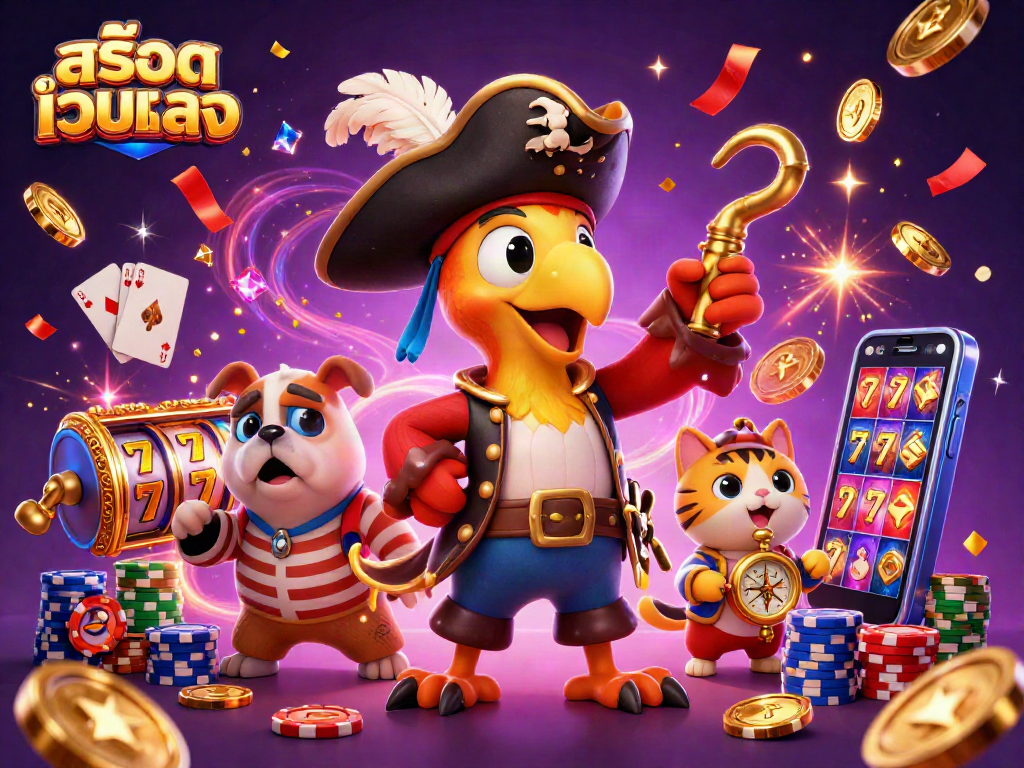 Experience สล็อตเว็บตรง excitement with a pirate captain and friends in a vibrant casino scene.