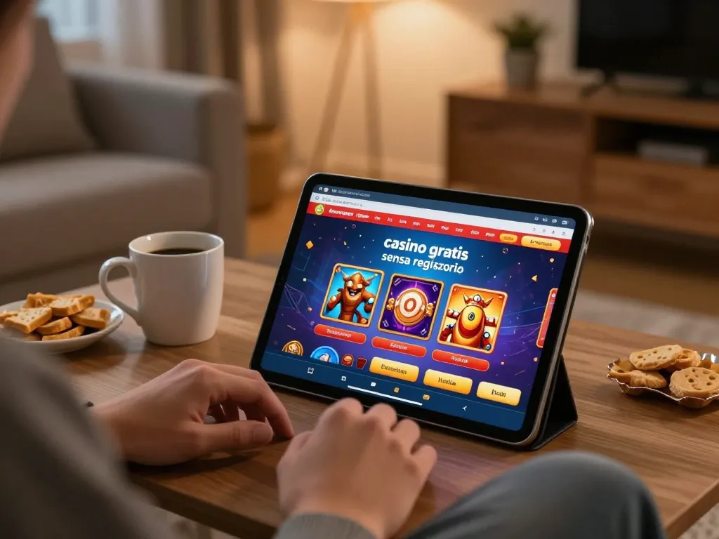 Engaging home scene showing a user enjoying casino gratis senza registrazione games on a tablet, relaxed atmosphere with vibrant graphics
