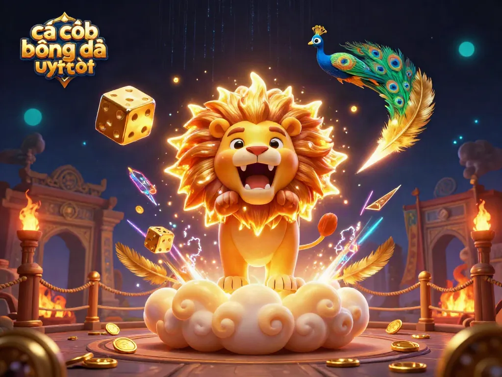 Cá cược bóng đá uy tín với hình ảnh sư tử mặt trời và xúc xắc vàng 3D cực chất