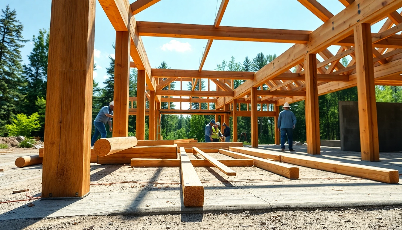 Craftsmen constructing a Structural Timber Frame showcasing quality materials and craftsmanship.