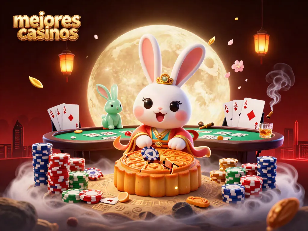 Los mejores casinos muestran un conejo de la luna en acción con fichas de póker y elementos de casino.