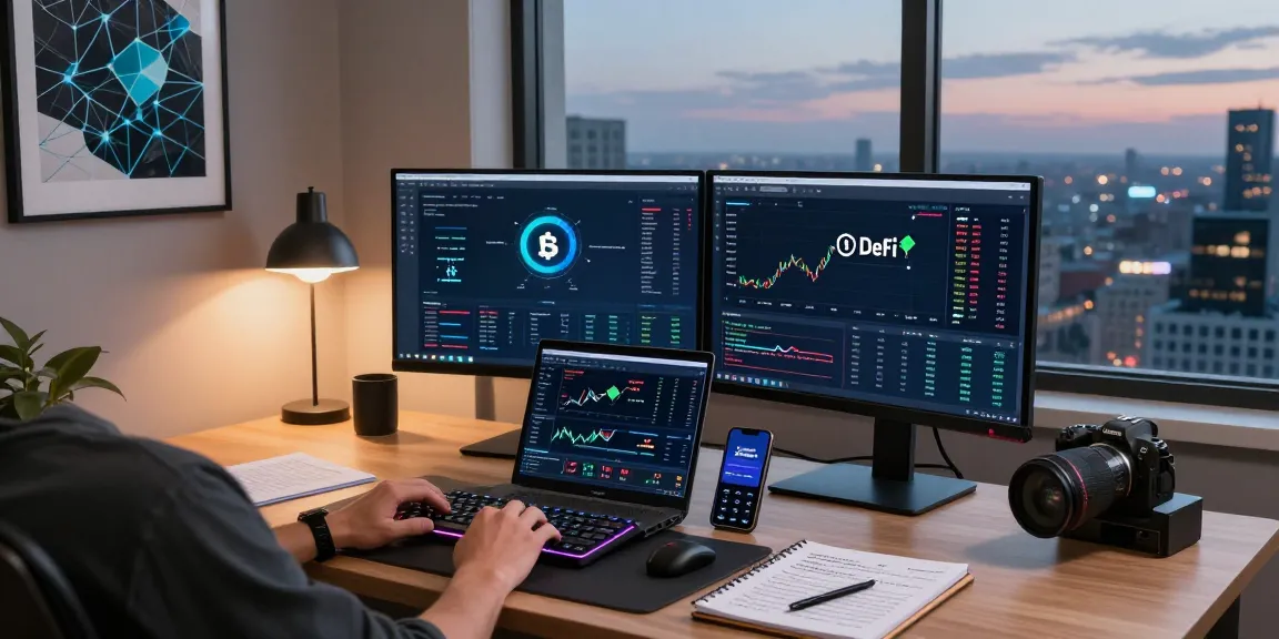 Crypto cloud mining setup with dual monitors displaying digital wallets and trading platforms in a modern home office.