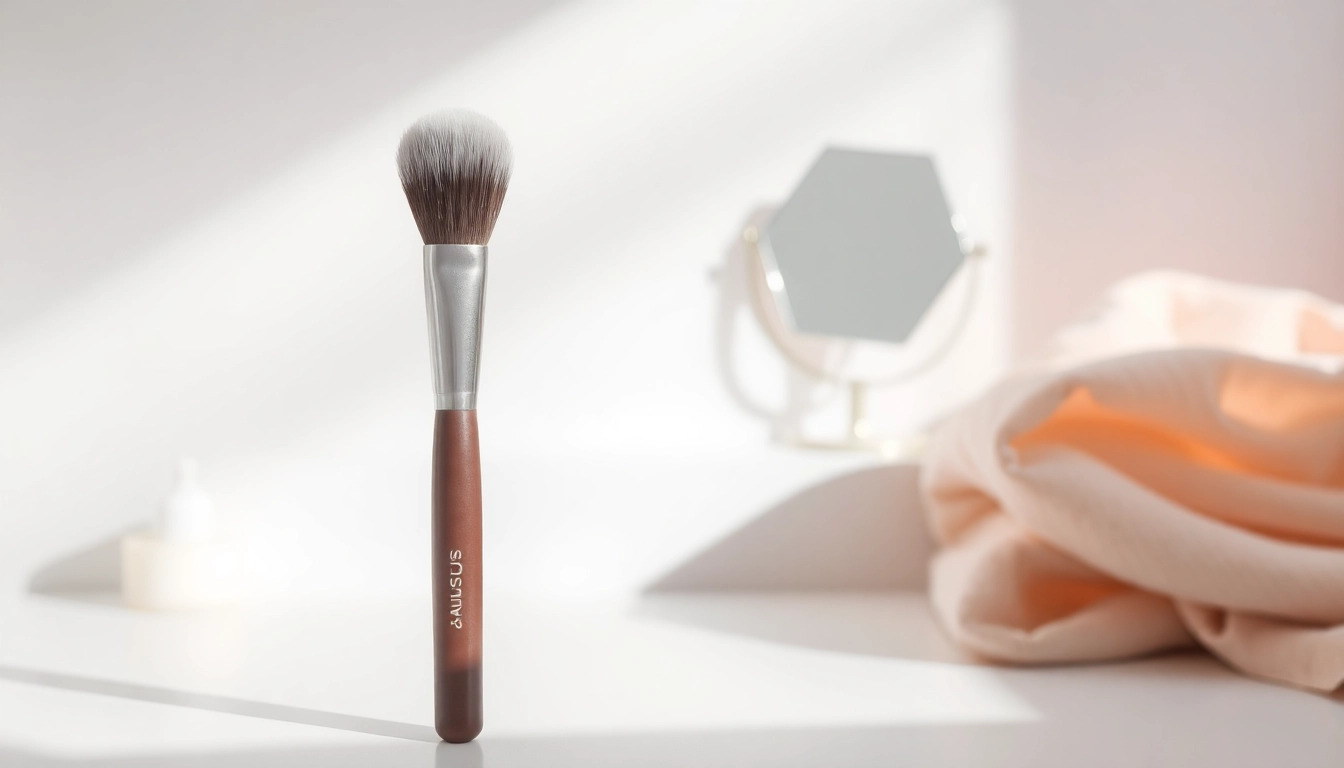 Applying makeup with an angled makeup brush on a stylish vanity creates a professional look.