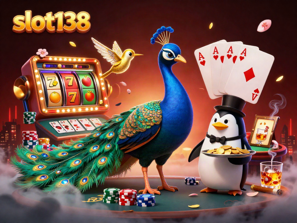 Engage with slot138's vibrant scene showcasing a peacock, penguin, and hummingbird in a thrilling casino atmosphere!