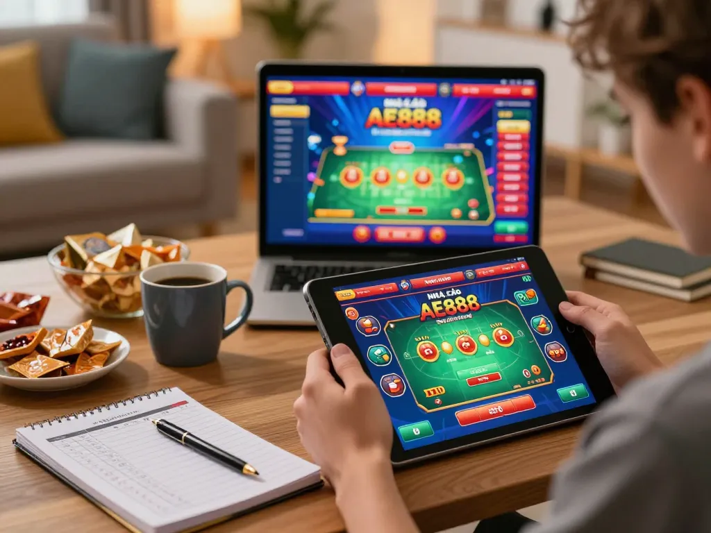 Engaged player betting on NHÀ CÁI AE888 in a cozy living room setup